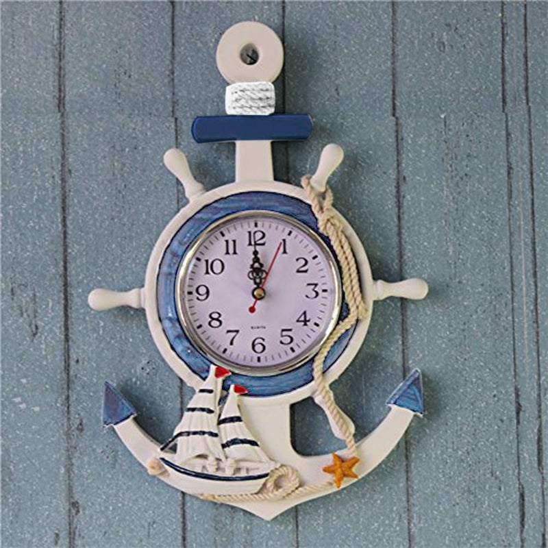 WINOMO Mediterranean Style Anchor Clock Beach Sea Theme Nautical Wheel Rudder Steering Wheel Decor Wall Hanging Decoration - Image 2